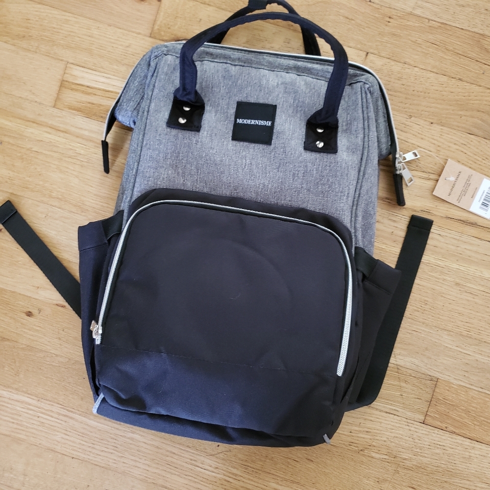 Stylish Black and Gray Diaper Backpack with Adjustable Straps